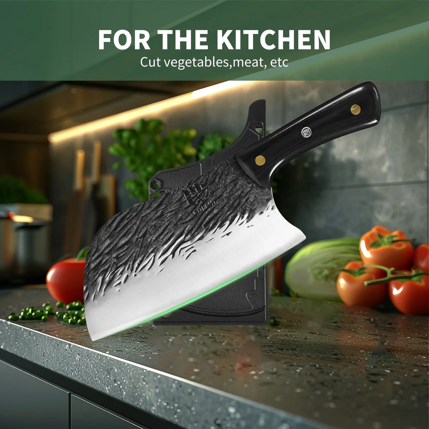 Full Tang Meat Cleaver with Forged High Carbon Steel Blade, Ergonomic Multi-color Handle Kitchen Knfie with Sheath for Cooking