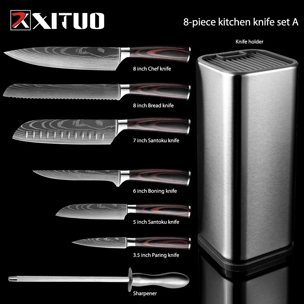 Kitchen Knife 8PCS Set With Knife Holder  Sharpening Stick, Stainless Steel Chef Knife Slicing Knife Sharp Cut Vegetables Meat