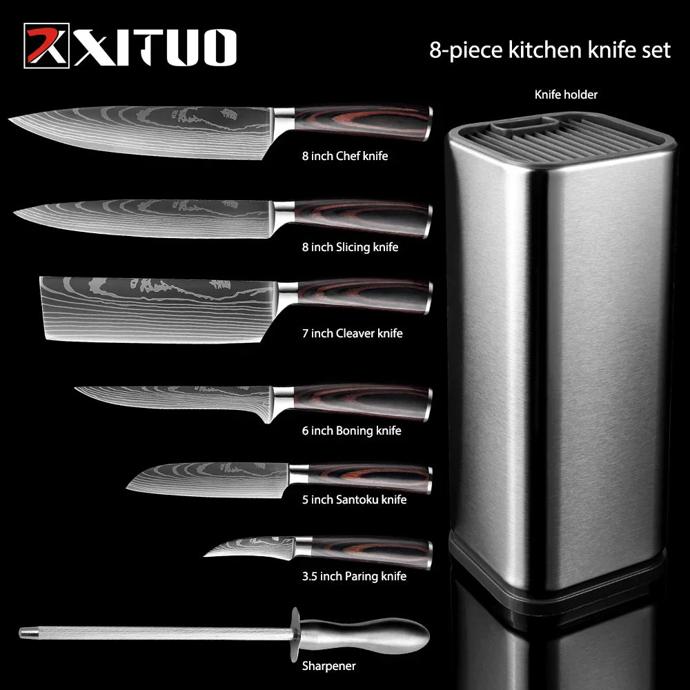 Kitchen Knife 8PCS Set With Knife Holder  Sharpening Stick, Stainless Steel Chef Knife Slicing Knife Sharp Cut Vegetables Meat
